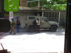 One of the military jeeps with a number of soldiers during the invasion in Ni'lin,threatening the drivers and blocking the street in center of the village in the beginning of the invasion on Wednesday morning 27.05.2015